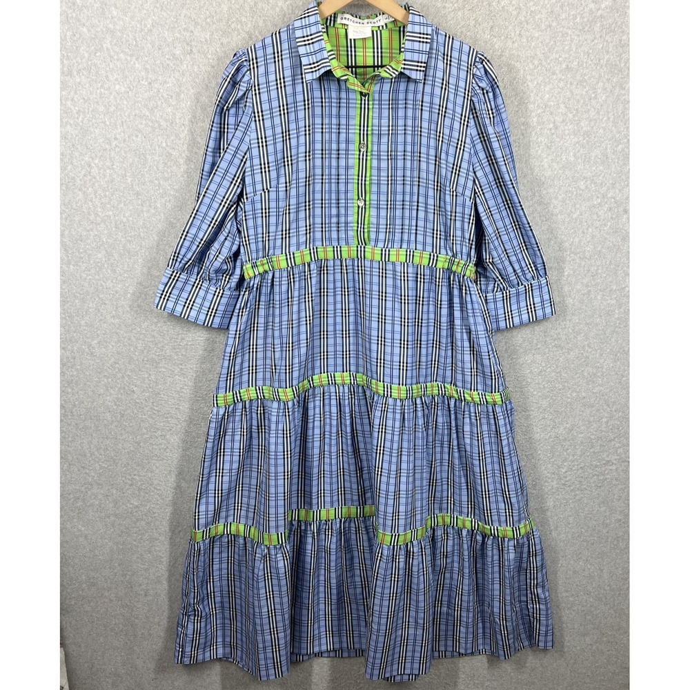 Gretchen Scott Damsel Tiered Midi Dress Womens L Blue Plaid Checkered Trim EUC